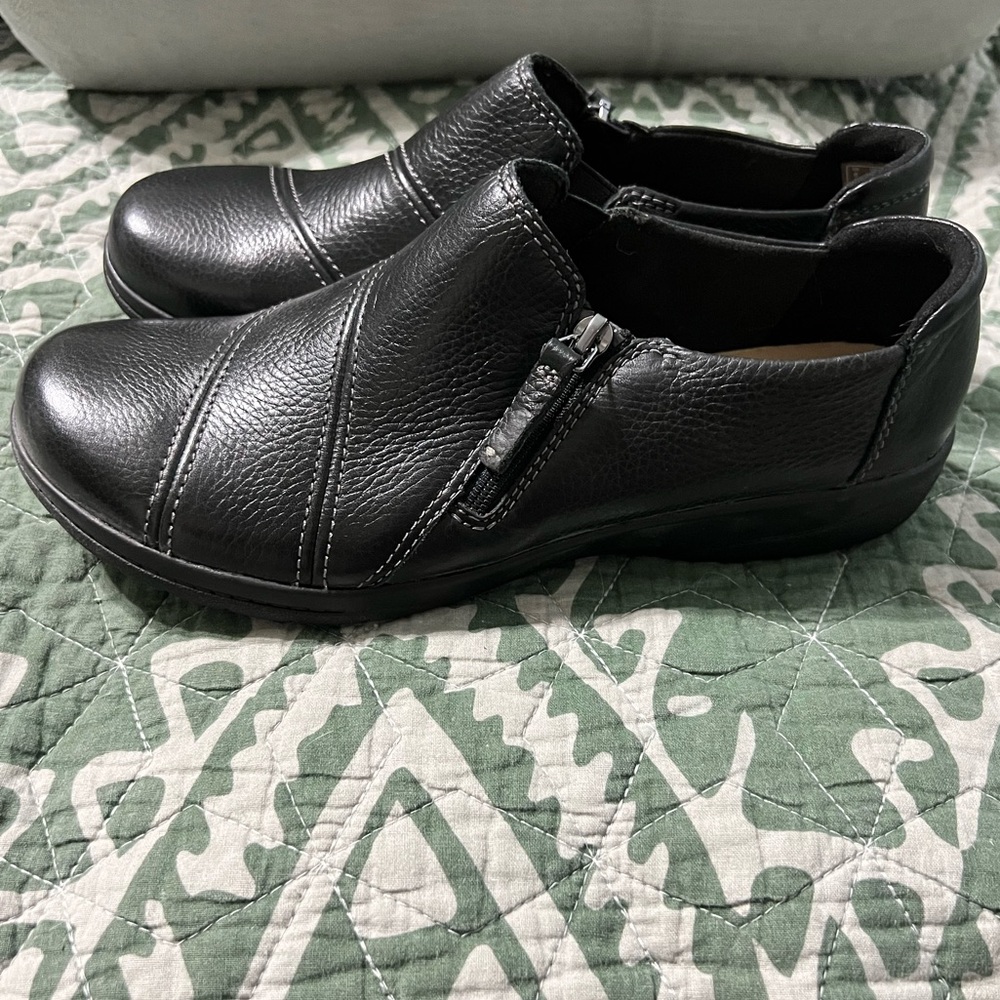 Clarks Black Leather Flats with Side Zipper